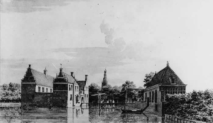 Tekening van Het Huis te Farmsum(links), met rechts het schathuis. In het midden zien we de (scheve) toren van de kerk. Deze tekening is vermoedelijk gemaakt n.a.v. de tekening gemaakt door Cornelis Pronk uit 1759. De laatste bevindt zich in het Groninger Museum.